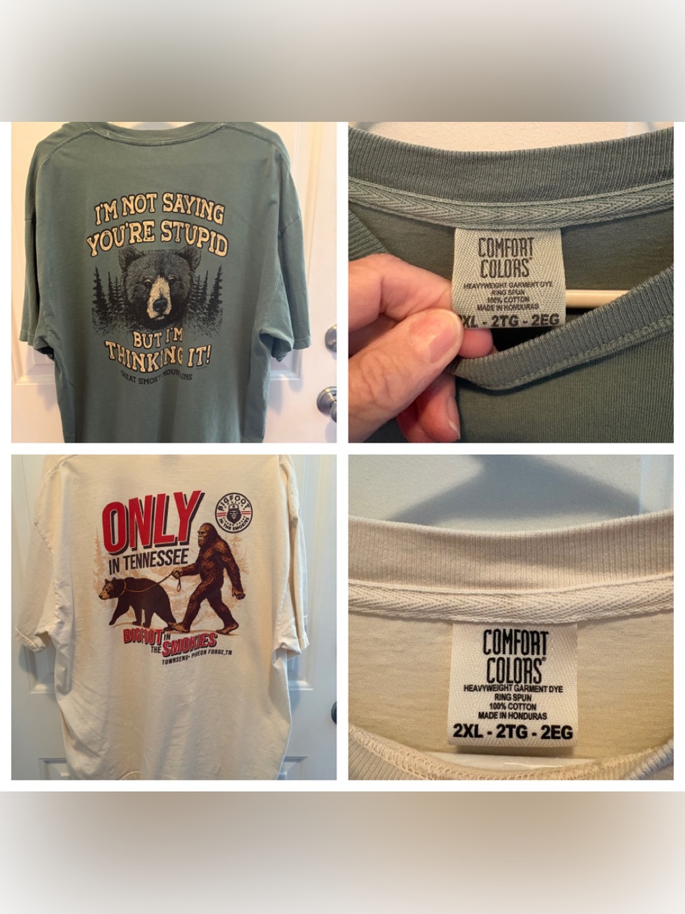 2 Comfort Colors Graphic Tees - Olive Green & Cream Bear/Sasquatch Prints